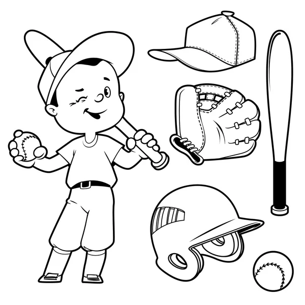 Rapaz dos desenhos animados a jogar basebol. Equipamento de basebol. Clipe de vetor ar —  Vetores de Stock