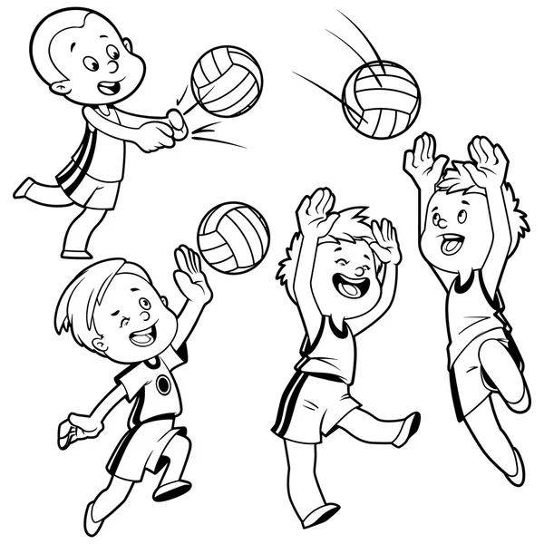 Cartoon kids playing volleyball. Vector clip art illustration on — Stock Vector