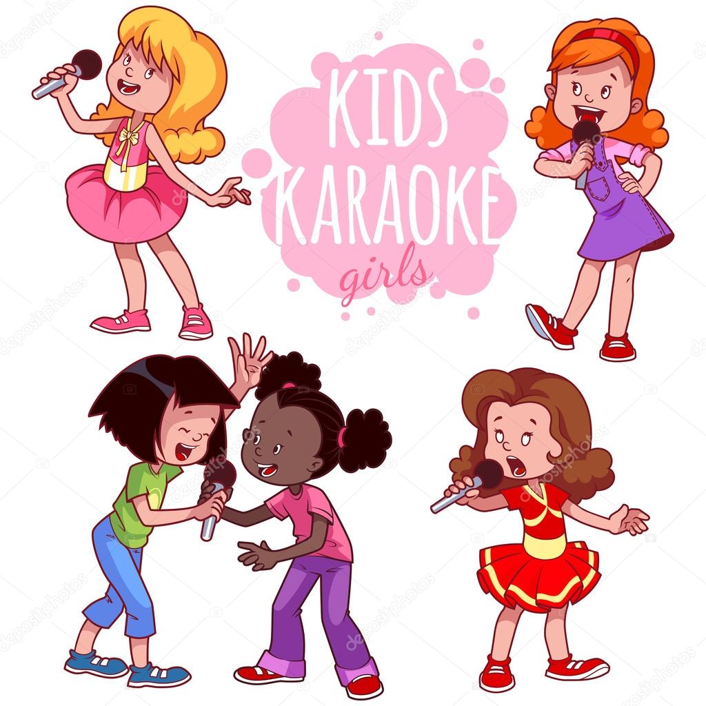 Cartoon children sing with a microphone. Vector clip art illustr
