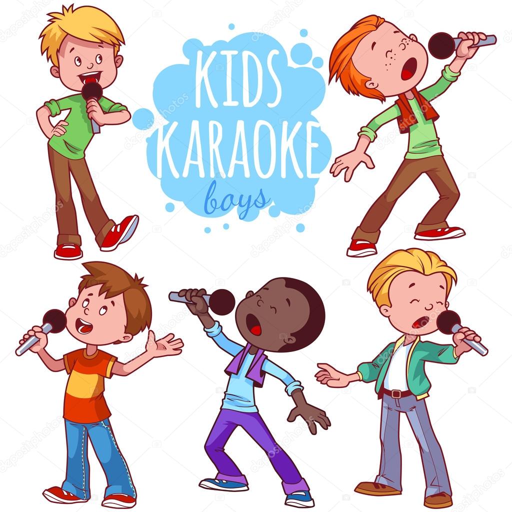 Cartoon children sing with a microphone. Vector clip art illustr