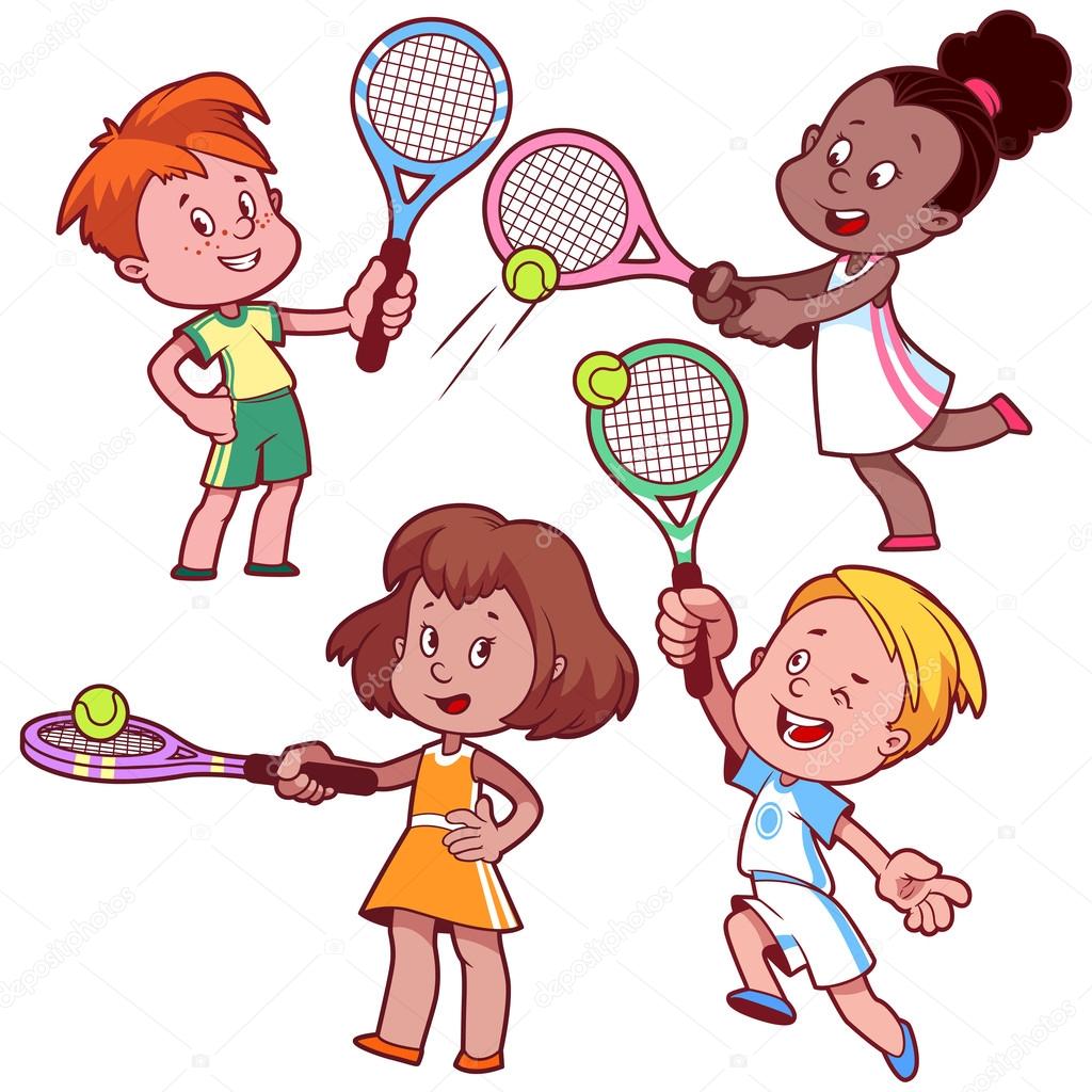 Cartoon kids playing tennis. Vector clip art illustration on a w