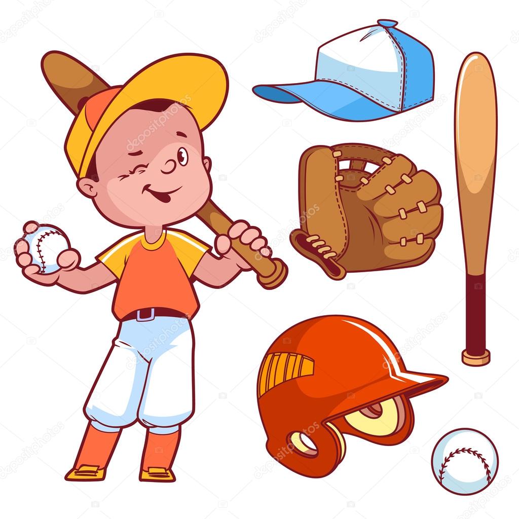 Cartoon boy playing baseball. Baseball equipment. Vector clip ar