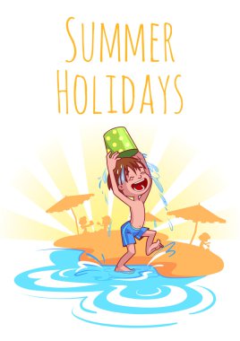 Cheerful boy pours water from a bucket on the beach.