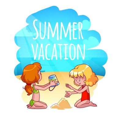 Two cute girls are building sand castles on the beach