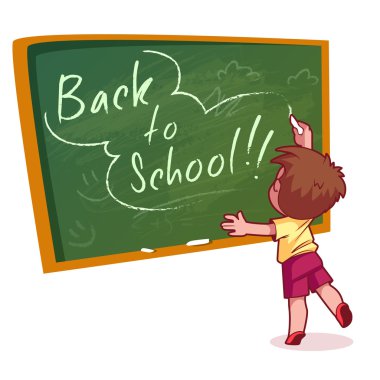 Little boy writing on a school board with chalk.