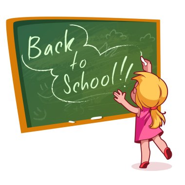 Little girl writing on a school board with chalk.