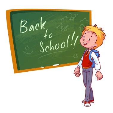 Cute schoolboy in uniform stands near the school board.