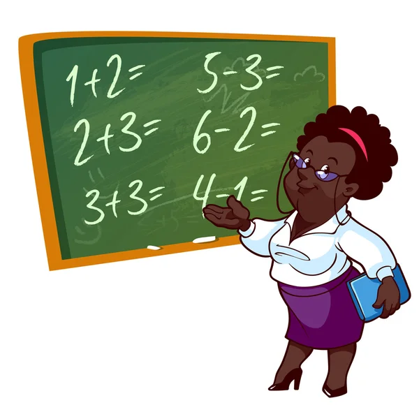 Cartoon African American teacher stands near the school board. — стоковий вектор