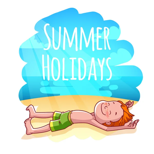 Red-haired boy sunbathes on a beach. Summer Holidays — 图库矢量图片