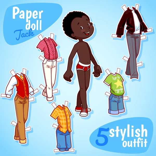 Very cute paper doll with five stylish outfits. Brunet boy. — 스톡 벡터