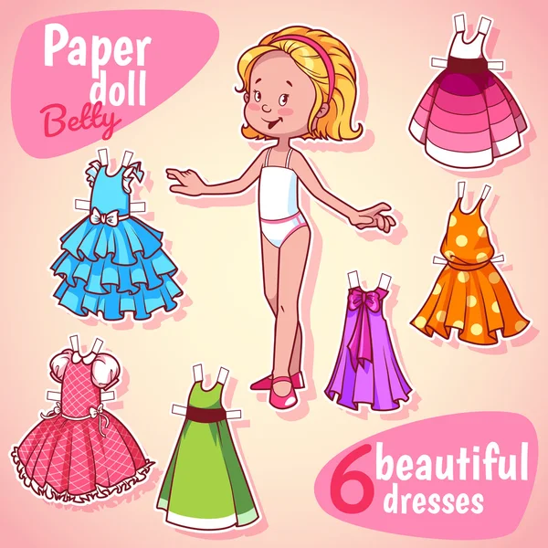 Very cute paper doll with six beautiful dresses. Blonde girl. — Stockový vektor