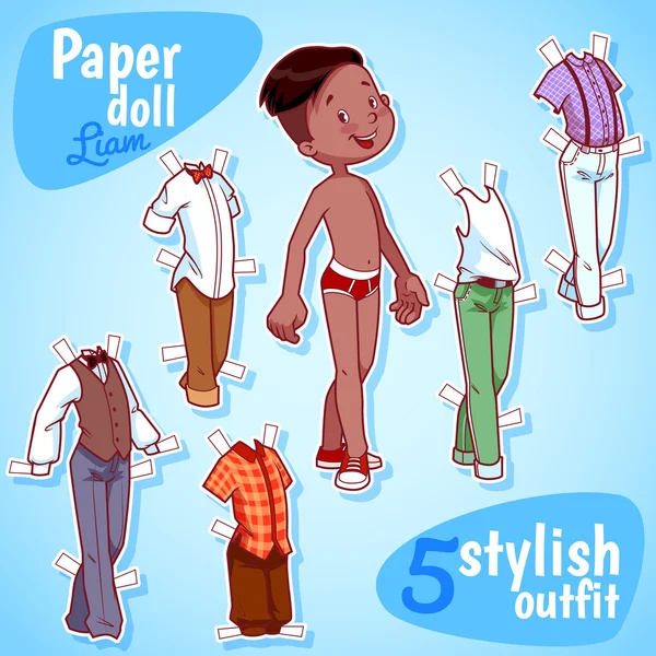 Very cute paper doll with five stylish outfits. Brunet boy. — Wektor stockowy