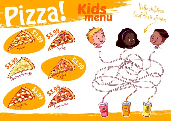 Kids Menu pizza with maze game. Vector illustration A4 size — Stock Vector