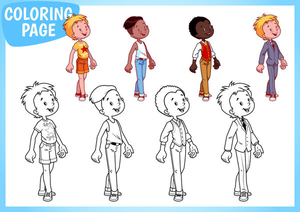Coloring Page. Four boys in stylish outfits