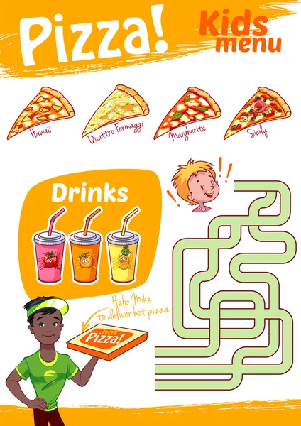 Labirent oyun menü pizza çocuklar. Vektör çizim A4 boyutunda — Stok Vektör