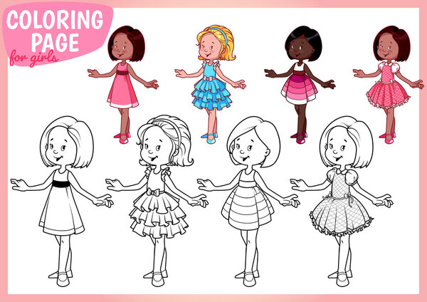 Coloring page for girls. Four young ladies in beautiful dresses.