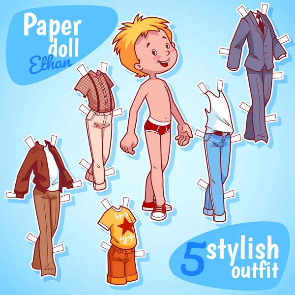 Very cute paper doll with five stylish outfits. Blond boy. — Stockový vektor