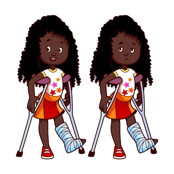 Joyeux et triste fille afro-américaine avec une jambe cassée dans un ca — Image vectorielle