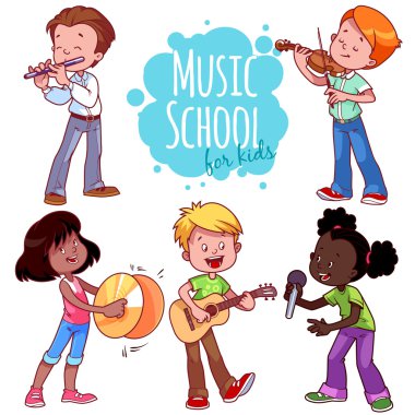 Cartoon kids playing musical instruments and singing clipart
