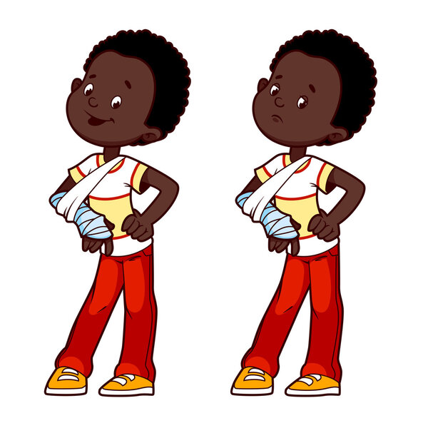 Cheerful and sad African American boy with a broken arm in a cas