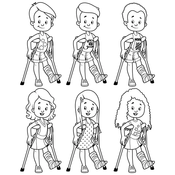 Smiling girls and boys with a broken leg in a cast. — Stock Vector