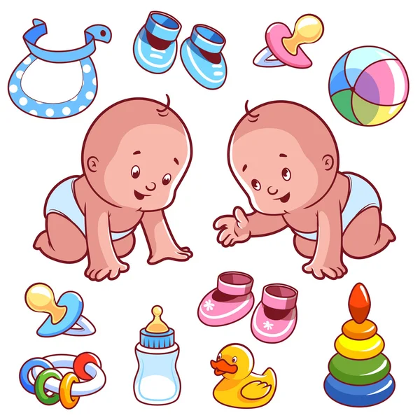 Zwei Kleinkinder in Windeln mit Babyartikeln — Stockvektor
