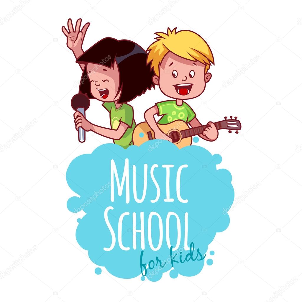 Logo template for music school with two children. Vector clip art illustration on a white background.