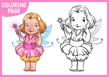 Boyama sayfası. Bir peri bir sihirli değnek ile küçük kız kostümü.