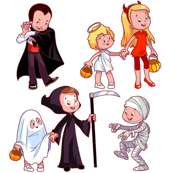 Niños con varios disfraces para Halloween . — Vector de stock