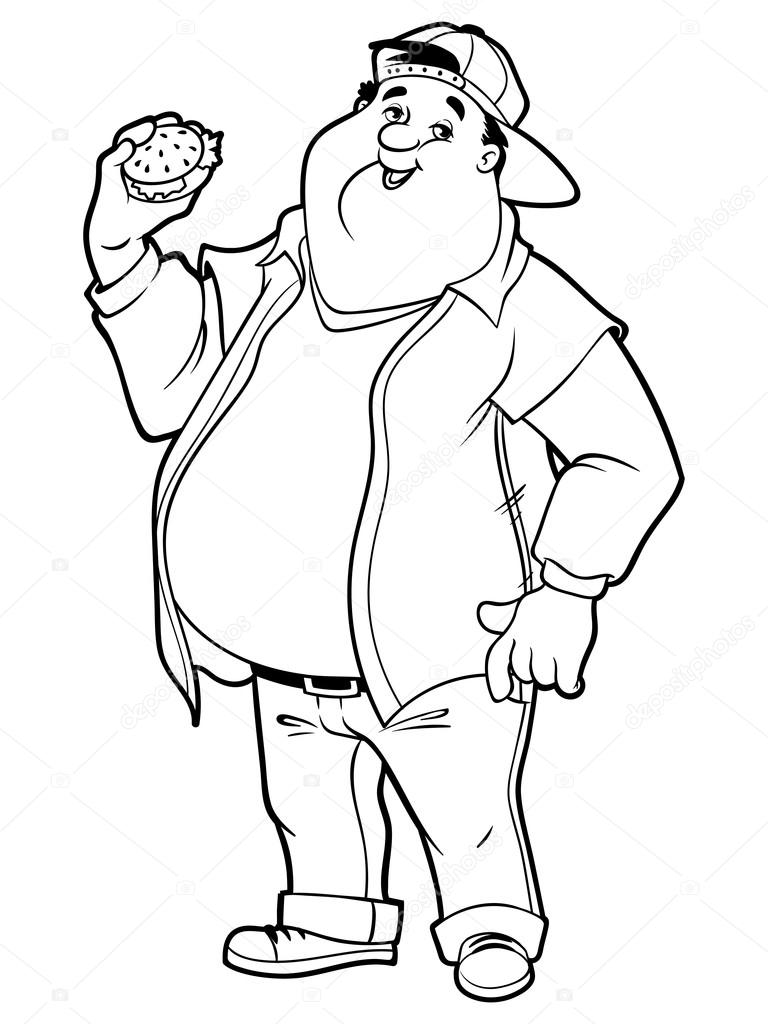 Fat happy man with a big belly and a hamburger in his hand