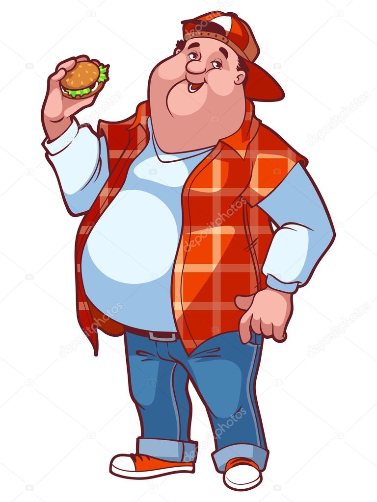Fat happy man with a big belly and a hamburger in his hand