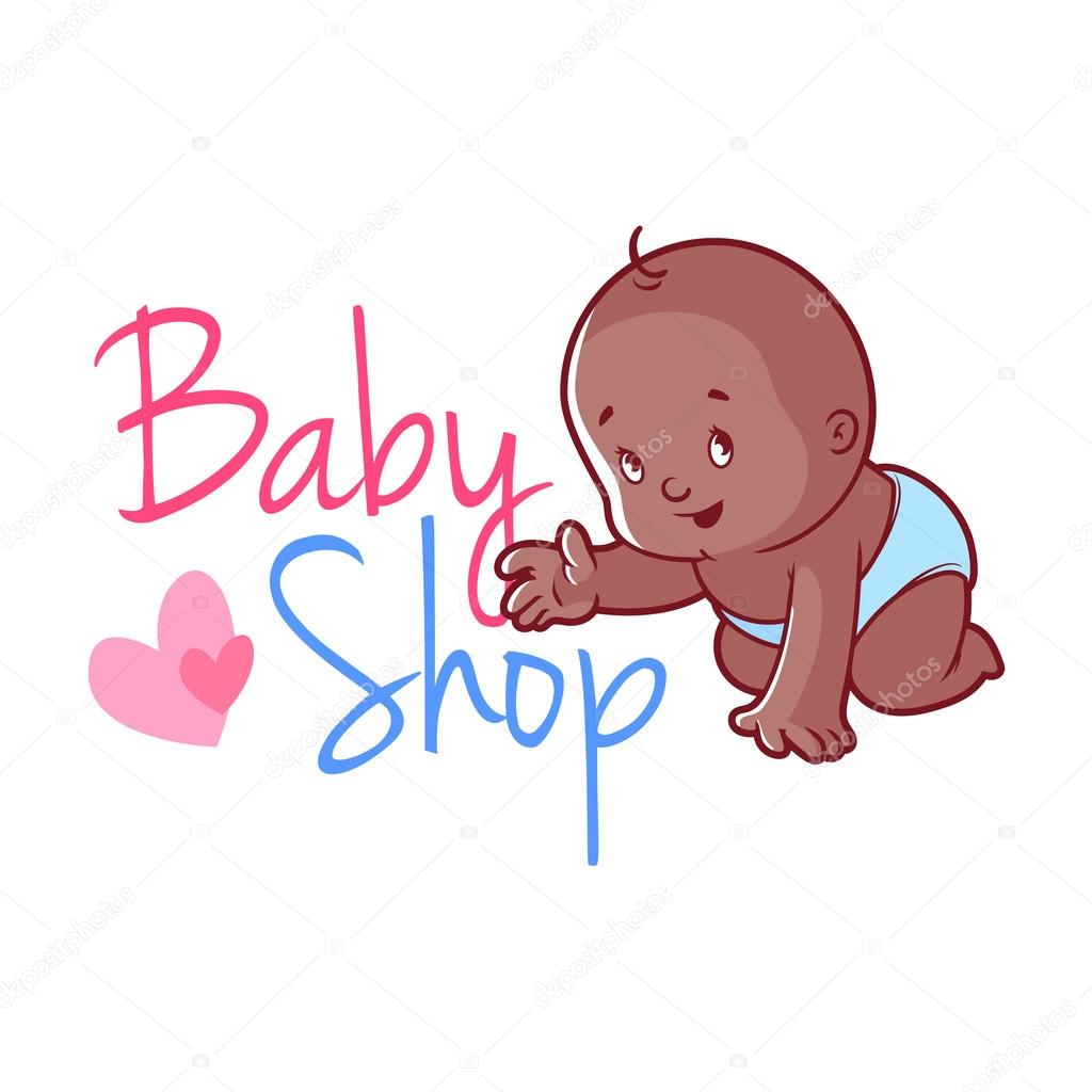 Baby shop logo. Cute toddler in diaper. Vector illustration on a white background.