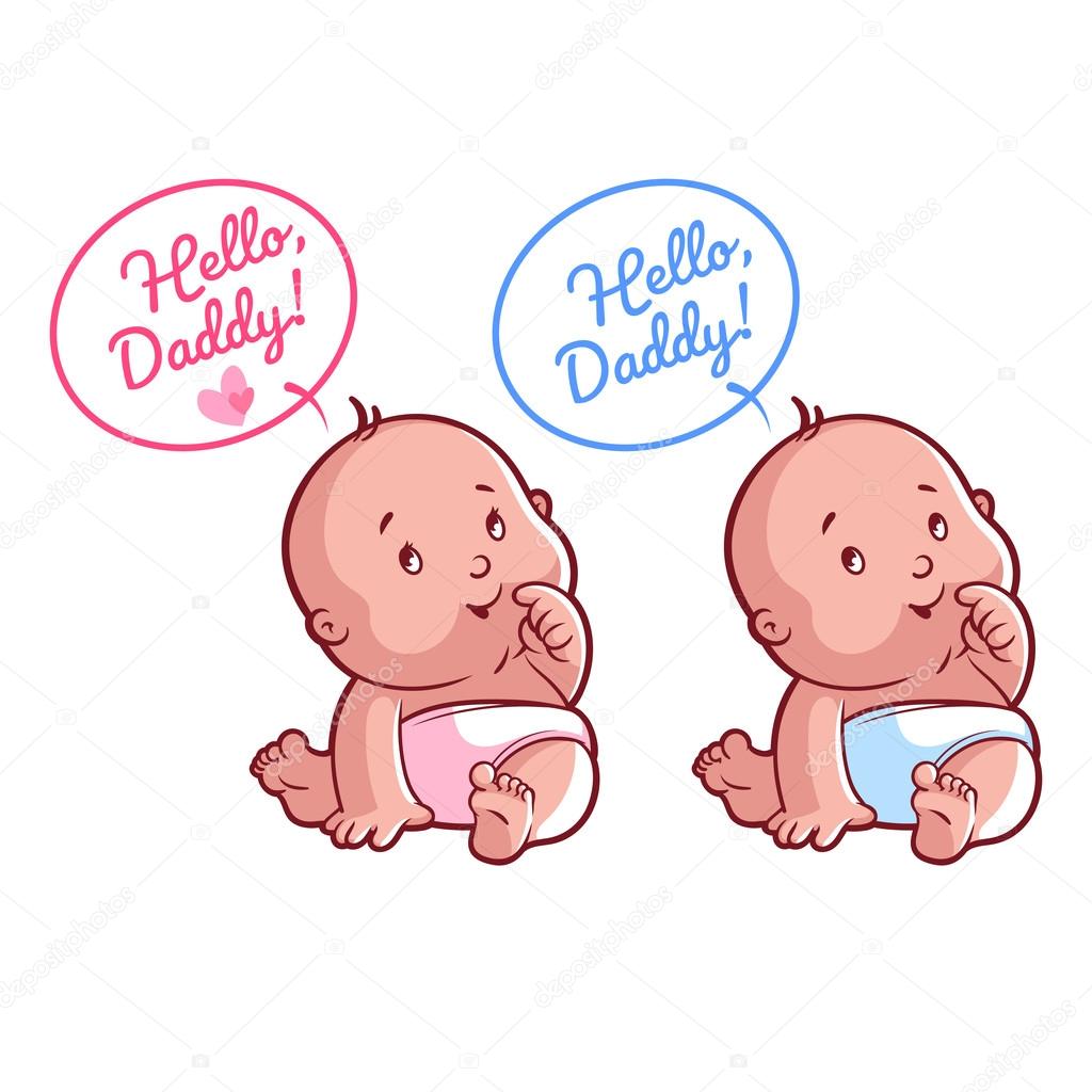 Two cute toddler in diaper. Card for Dad: Hello, Daddy! Vector illustration on a white background.