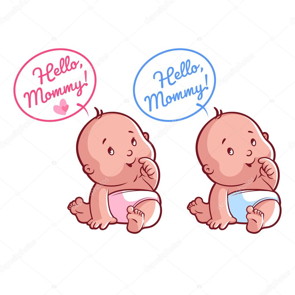 Two cute toddler in diaper. Card for mom: Hello, Mommy! Vector illustration on a white background.