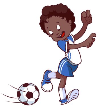 Futbol oynayan çocuk. Çizgi film vektör çizim.