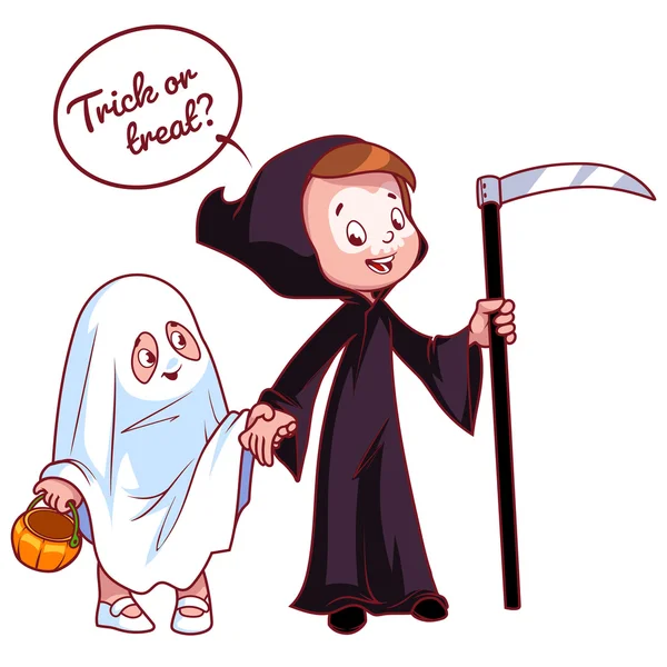 Dos chicas vestidas para Halloween como un fantasma y la muerte — Vector de stock