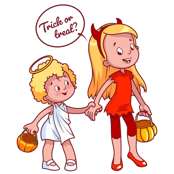Zwei Mädchen in Kostümen zu Halloween: Engel und Dämon. — Stockvektor