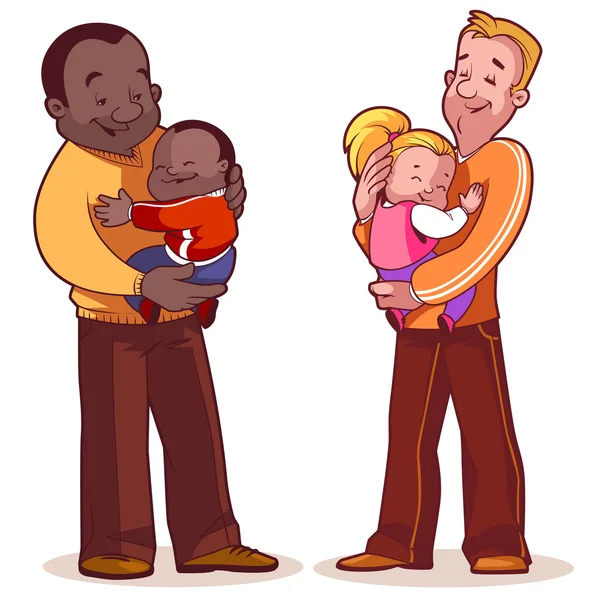 Dos padres con sus hijos en brazos . — Vector de stock