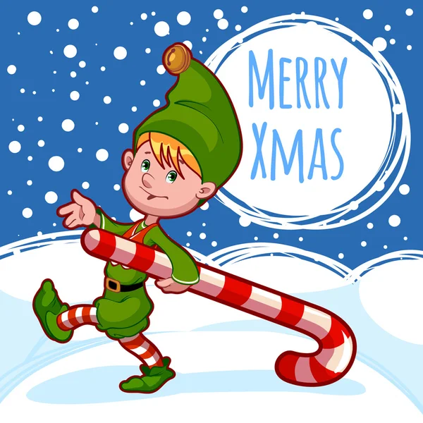 Christmas card with elf with candy — Stock Vector