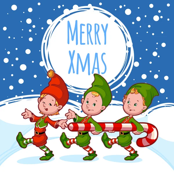 Noel kartı ile şeker ile üç elfler — Stok Vektör