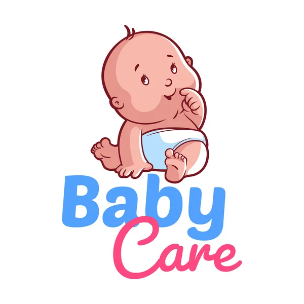 Söta småbarn i blöja. Baby care logotyp — Stock vektor