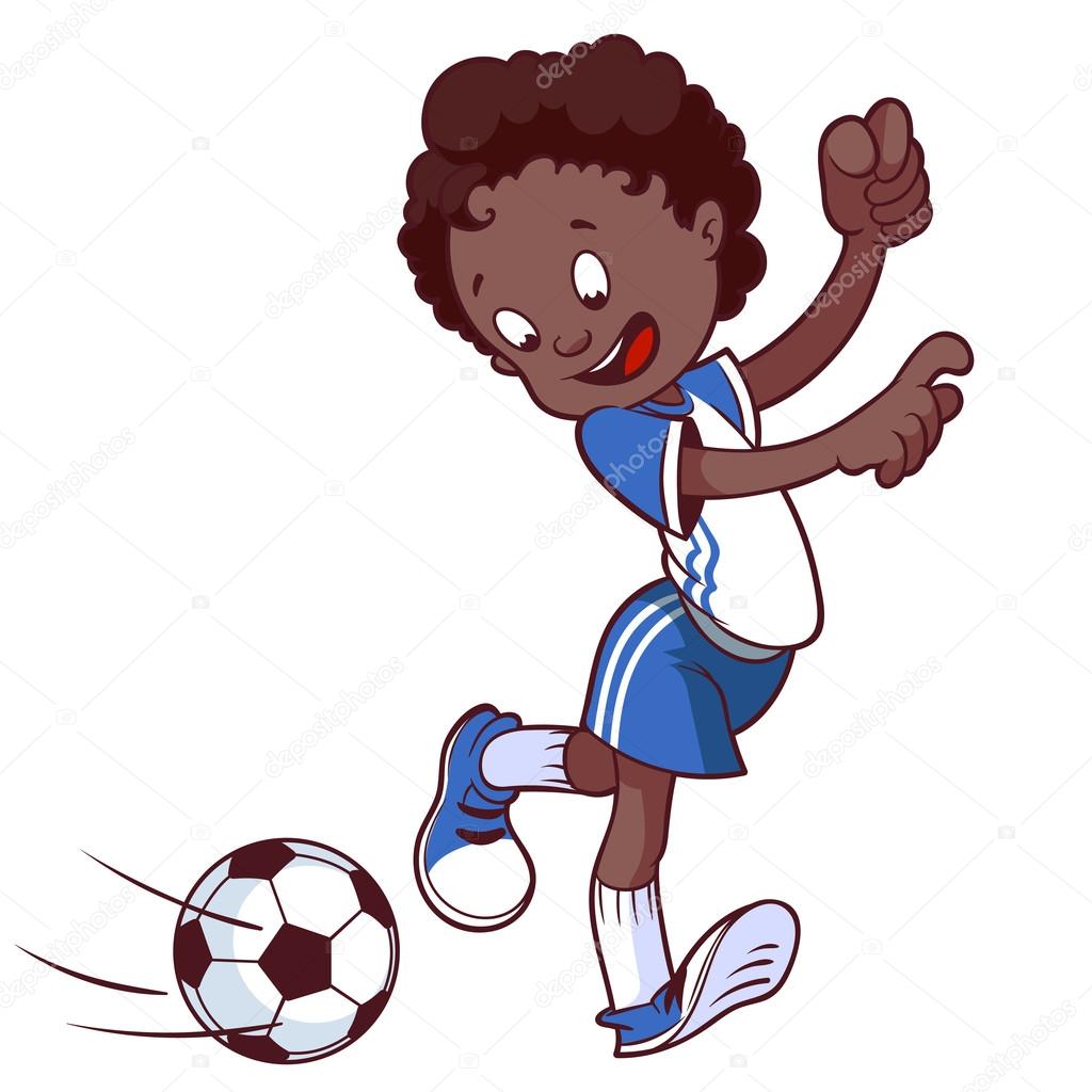 Cheerful child playing in football. Cartoon vector illustration.