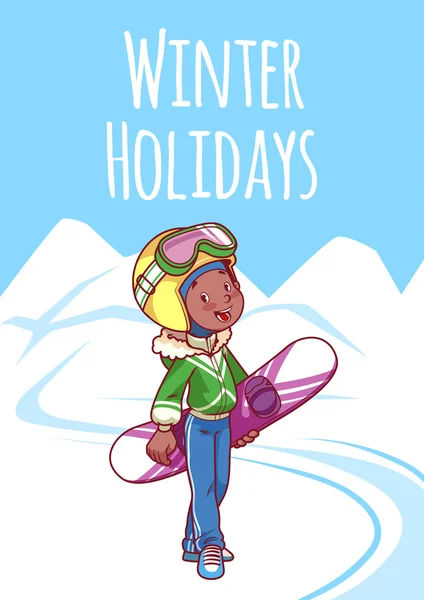 开朗的男孩和滑雪服滑雪板的合影. — 图库矢量图片