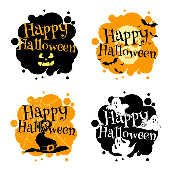 Logo de Halloween con fantasmas, murciélagos, sombrero de bruja y telaraña — Vector de stock