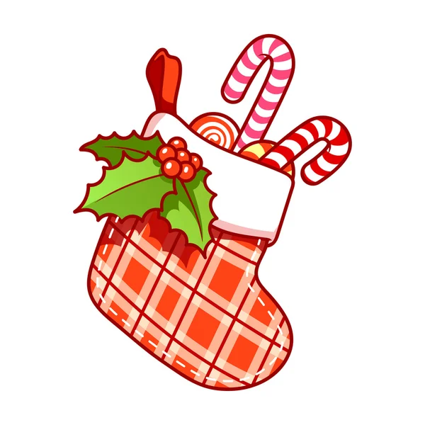 Christmas stocking with candy on white background. — Stock Vector