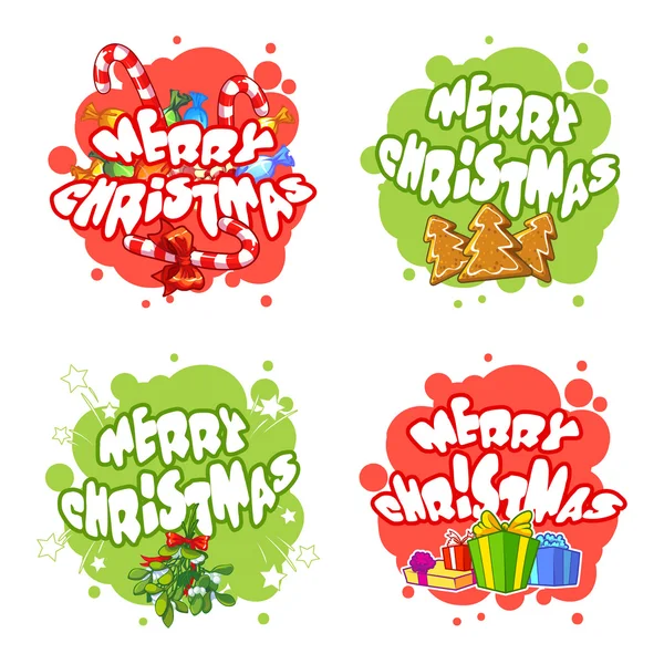 Рождественский логотип с подарками, сладостями, печеньем и веткой тумана — стоковый вектор