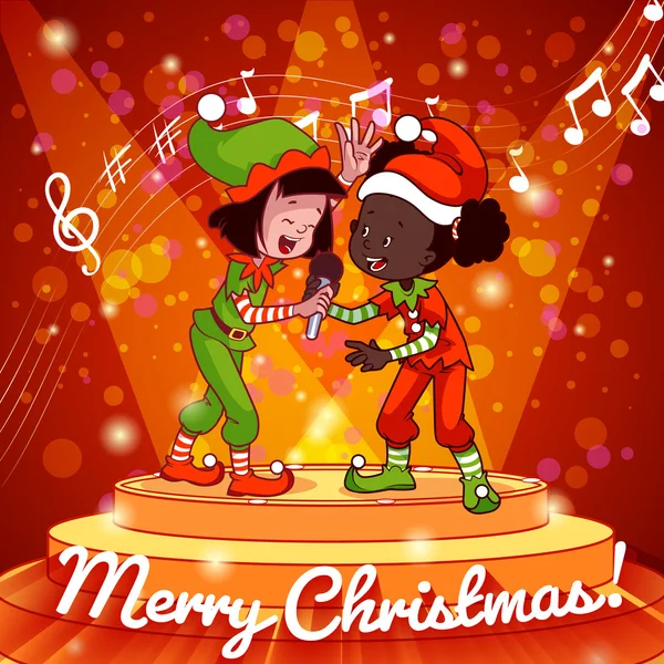 Ragazza in abito natalizio cantare con microfono — Vettoriale Stock