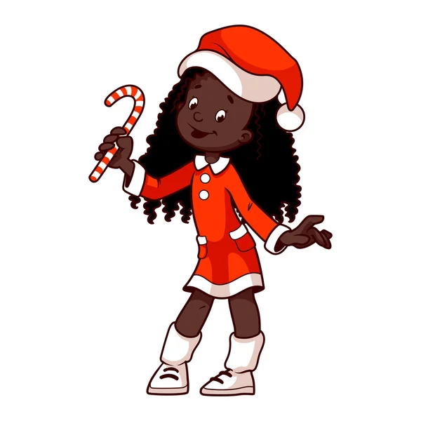 Mädchen im Weihnachtskostüm mit Süßigkeiten in der Hand — Stockvektor