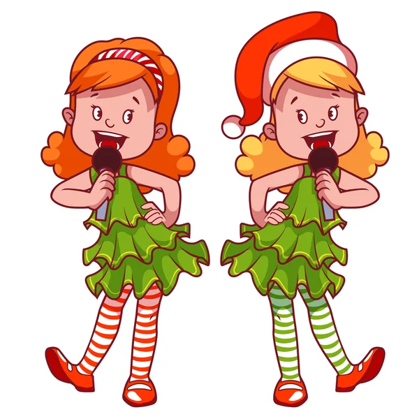 Chicas en vestido de Navidad cantando con micrófono . — Vector de stock