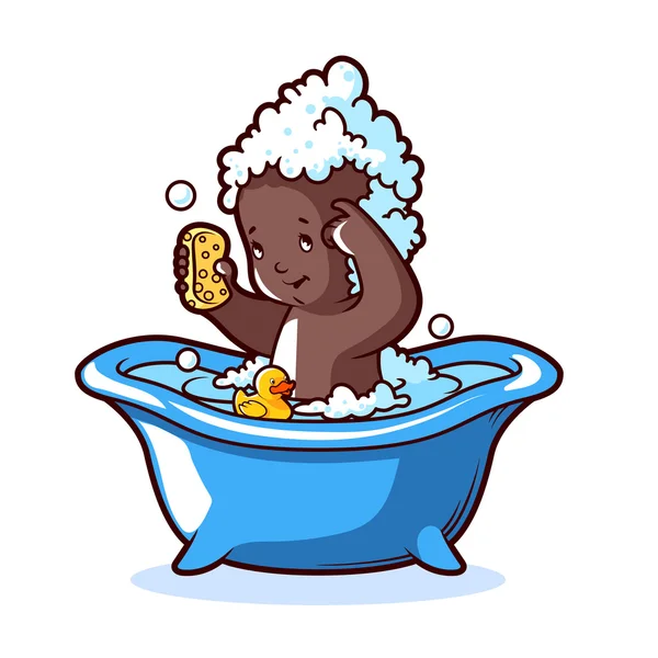 Baby bathing in blue bath with foam and rubber duck. — Stock Vector